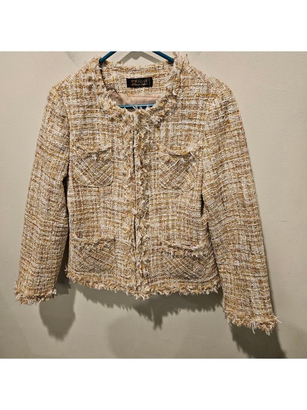 Women's Style by Shez Gold & White Tweed Blazer Jacket - Picture 4 of 9